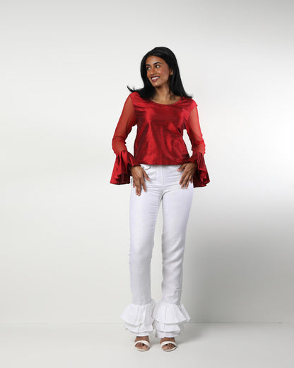 Style 224 : Lustrous  Silk/Polyester Blend Blouse with Pleats & Sheer Front Arms