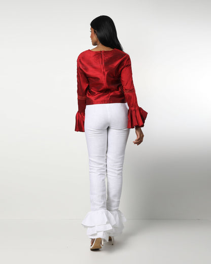 Style 224 : Lustrous  Silk/Polyester Blend Blouse with Pleats & Sheer Front Arms