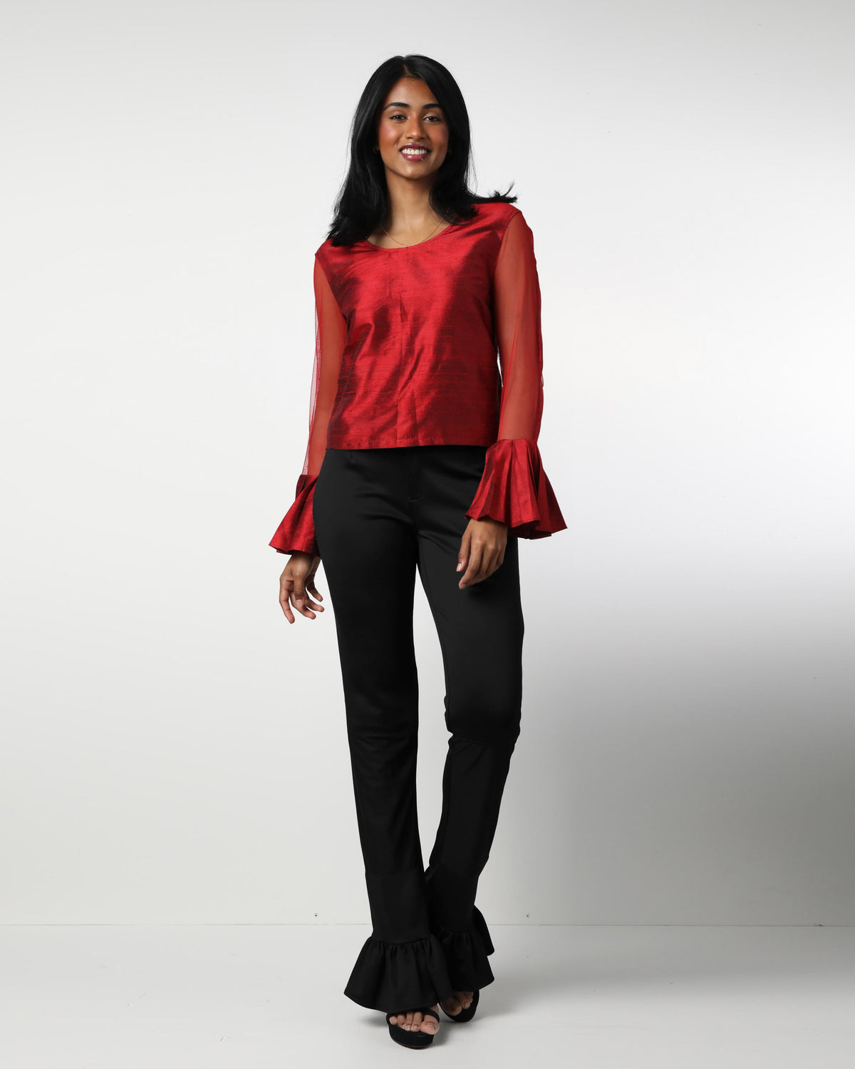 Style 1004 : Single Layered Ruffle Pants w/ Partial Sheer Front Legs- Polyester/Spandex Blend