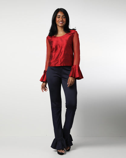 Style 1004 : Single Layered Ruffle Pants w/ Partial Sheer Front Legs- Polyester/Spandex Blend