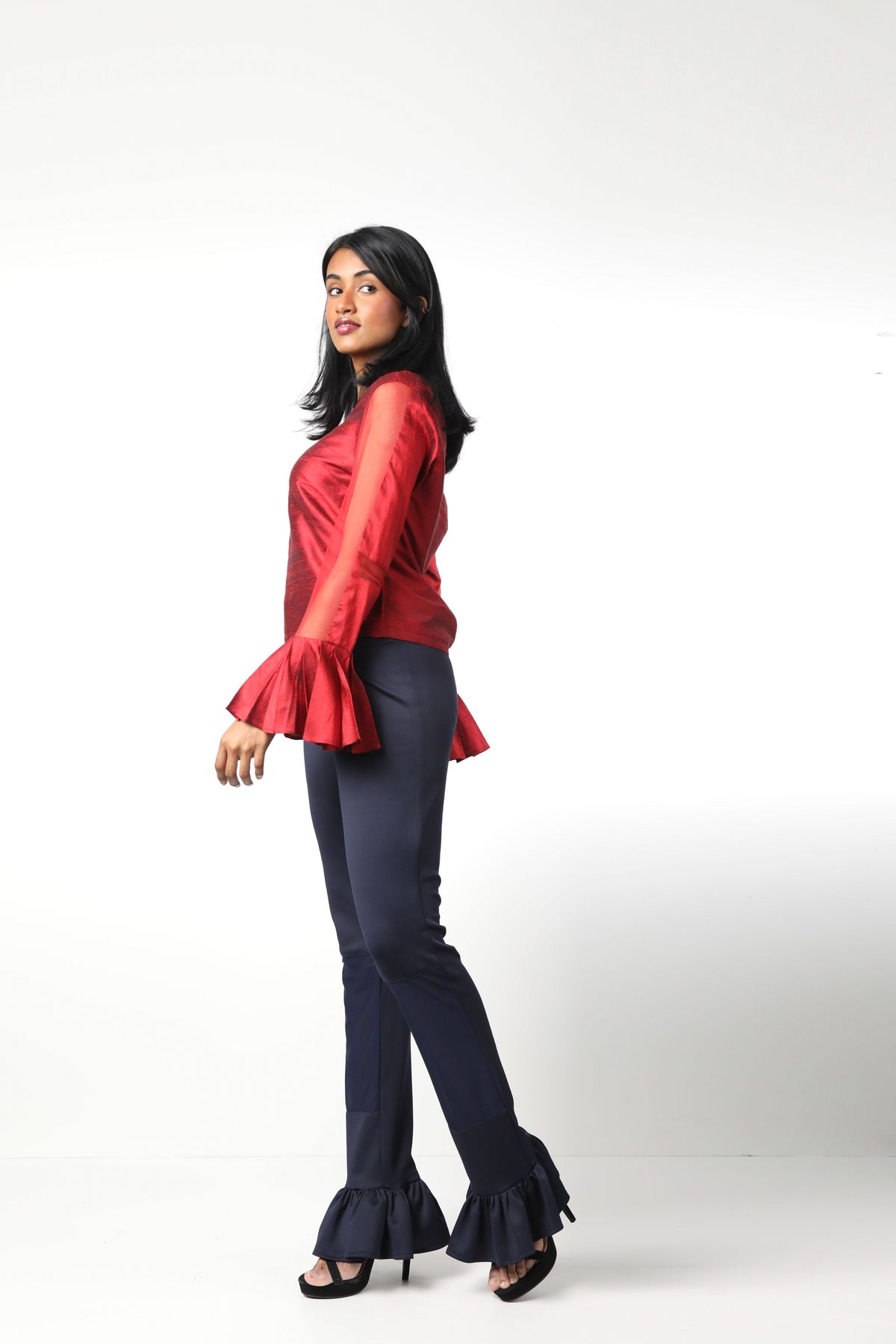 Style 1004 : Single Layered Ruffle Pants w/ Partial Sheer Front Legs- Polyester/Spandex Blend