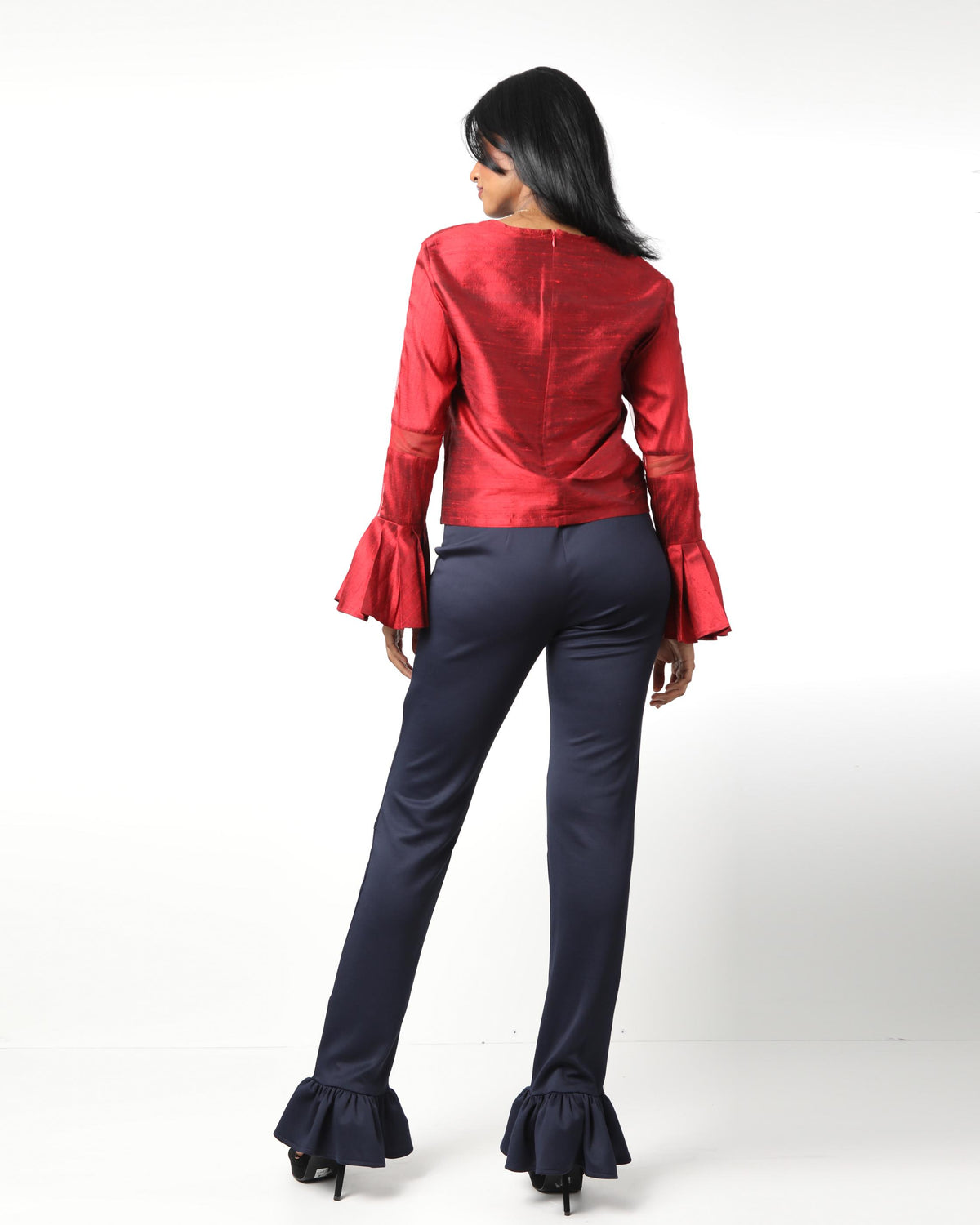Style 1004 : Single Layered Ruffle Pants w/ Partial Sheer Front Legs- Polyester/Spandex Blend