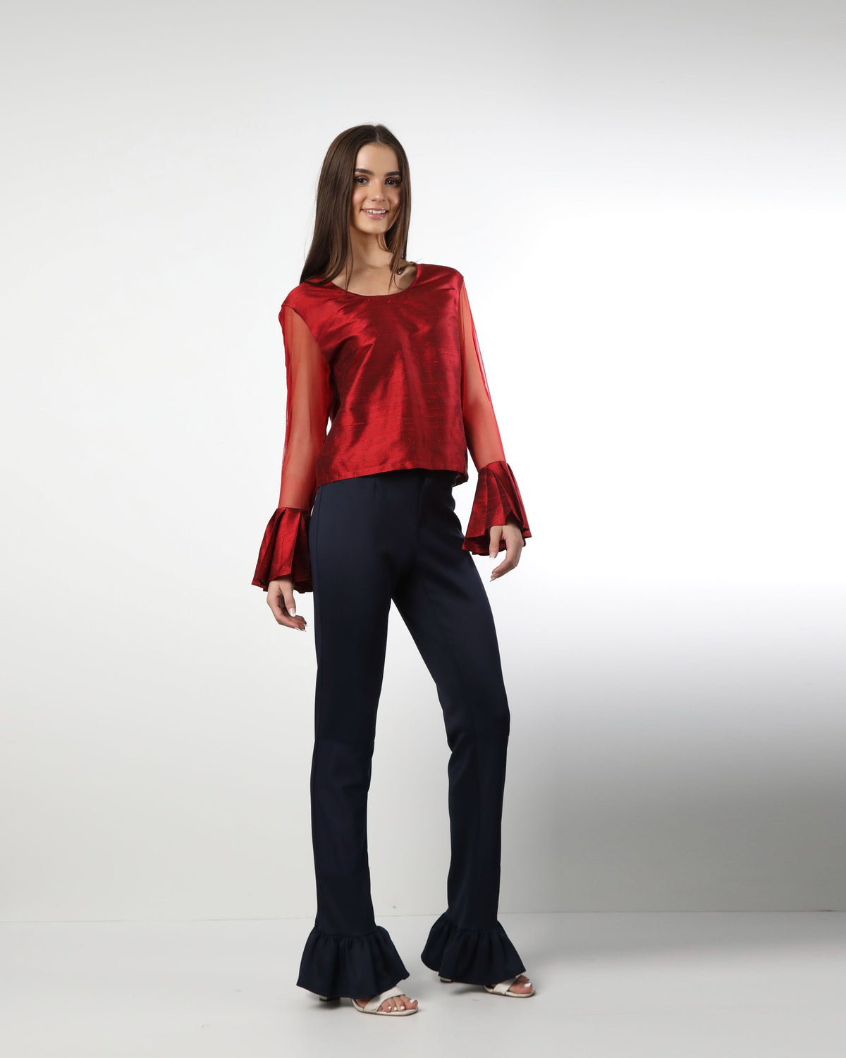 Style 1004 : Single Layered Ruffle Pants w/ Partial Sheer Front Legs- Polyester/Spandex Blend