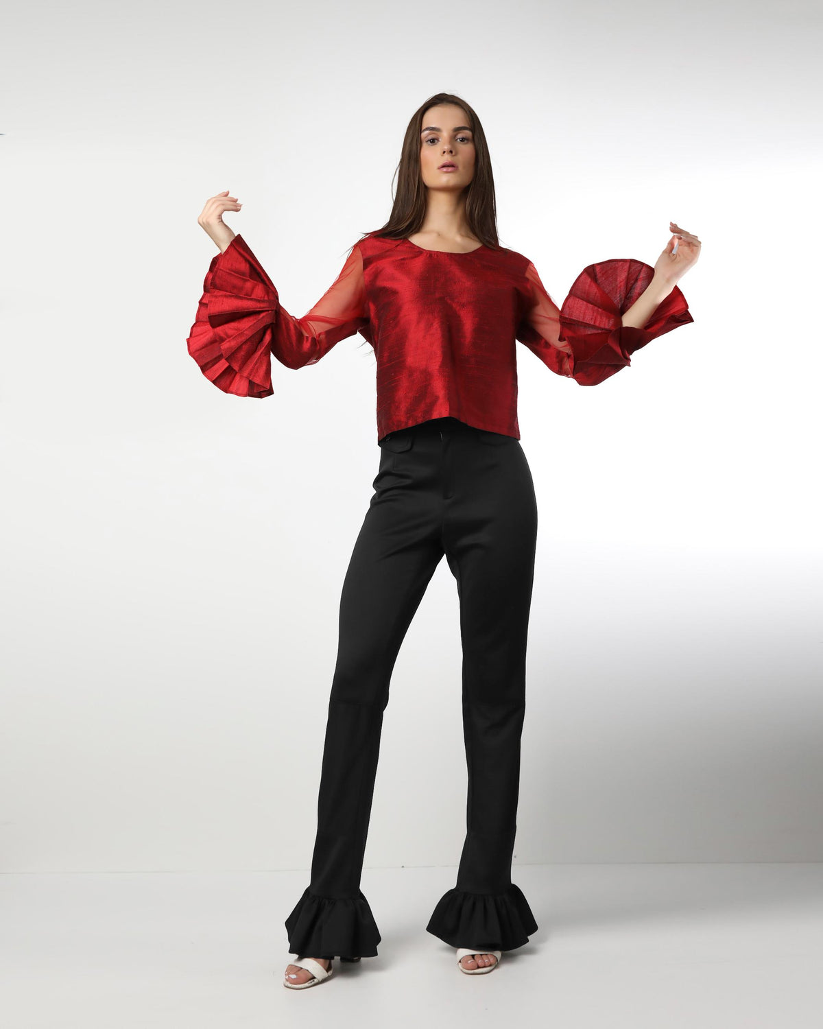Style 224 : Lustrous  Silk/Polyester Blend Blouse with Pleats & Sheer Front Arms