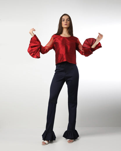 Style 1004 : Single Layered Ruffle Pants w/ Partial Sheer Front Legs- Polyester/Spandex Blend