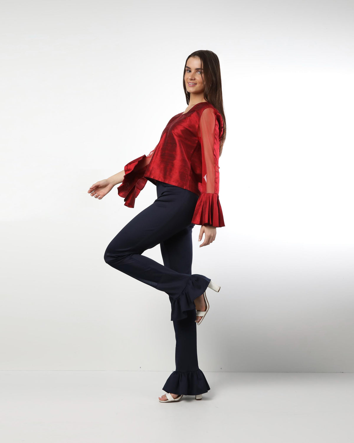 Style 1004 : Single Layered Ruffle Pants w/ Partial Sheer Front Legs- Polyester/Spandex Blend