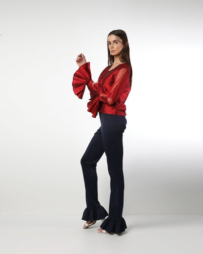 Style 224 : Lustrous  Silk/Polyester Blend Blouse with Pleats & Sheer Front Arms