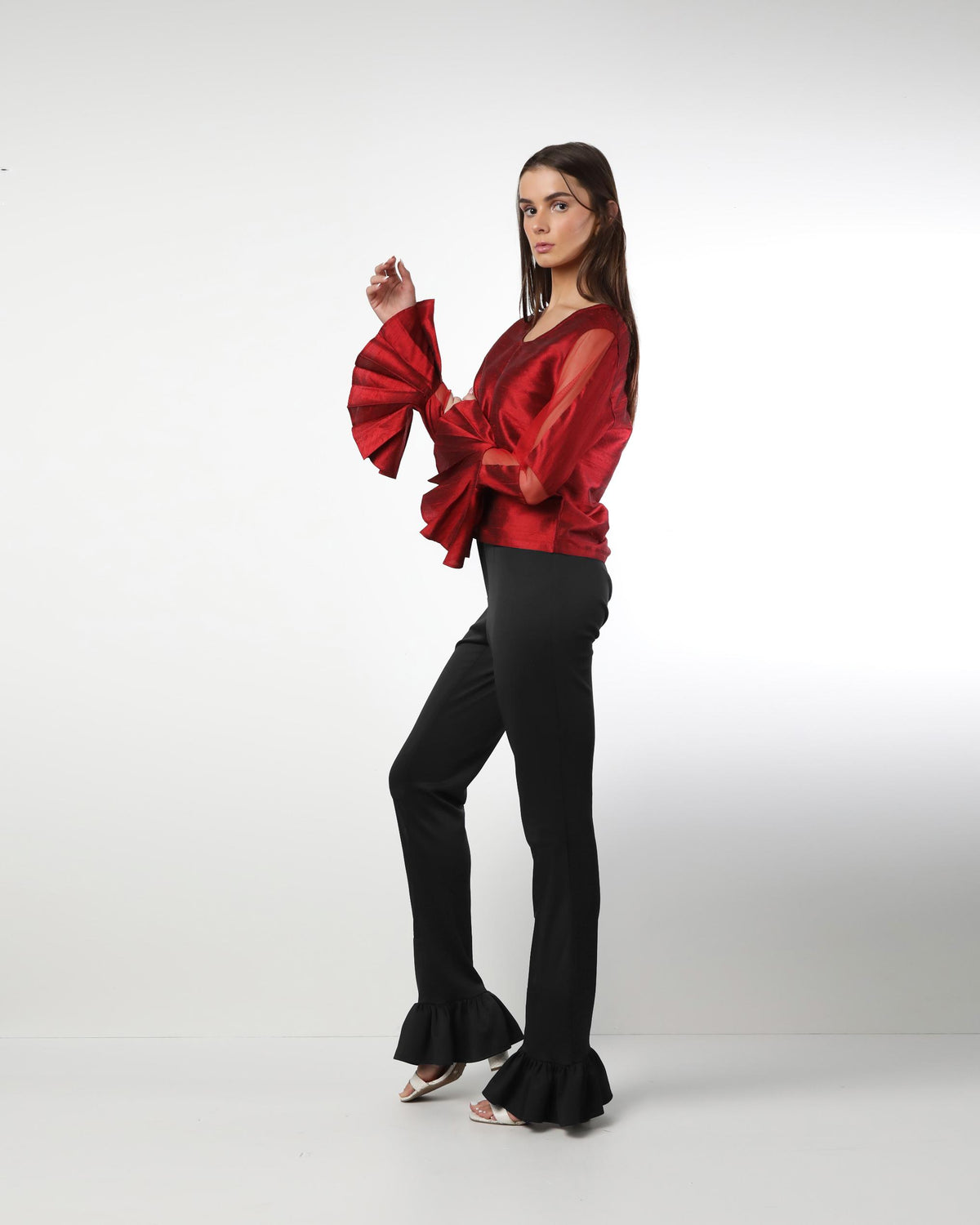 Style 224 : Lustrous  Silk/Polyester Blend Blouse with Pleats & Sheer Front Arms