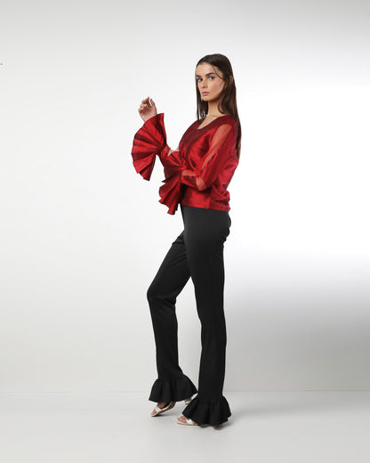 Style 224 : Lustrous  Silk/Polyester Blend Blouse with Pleats & Sheer Front Arms