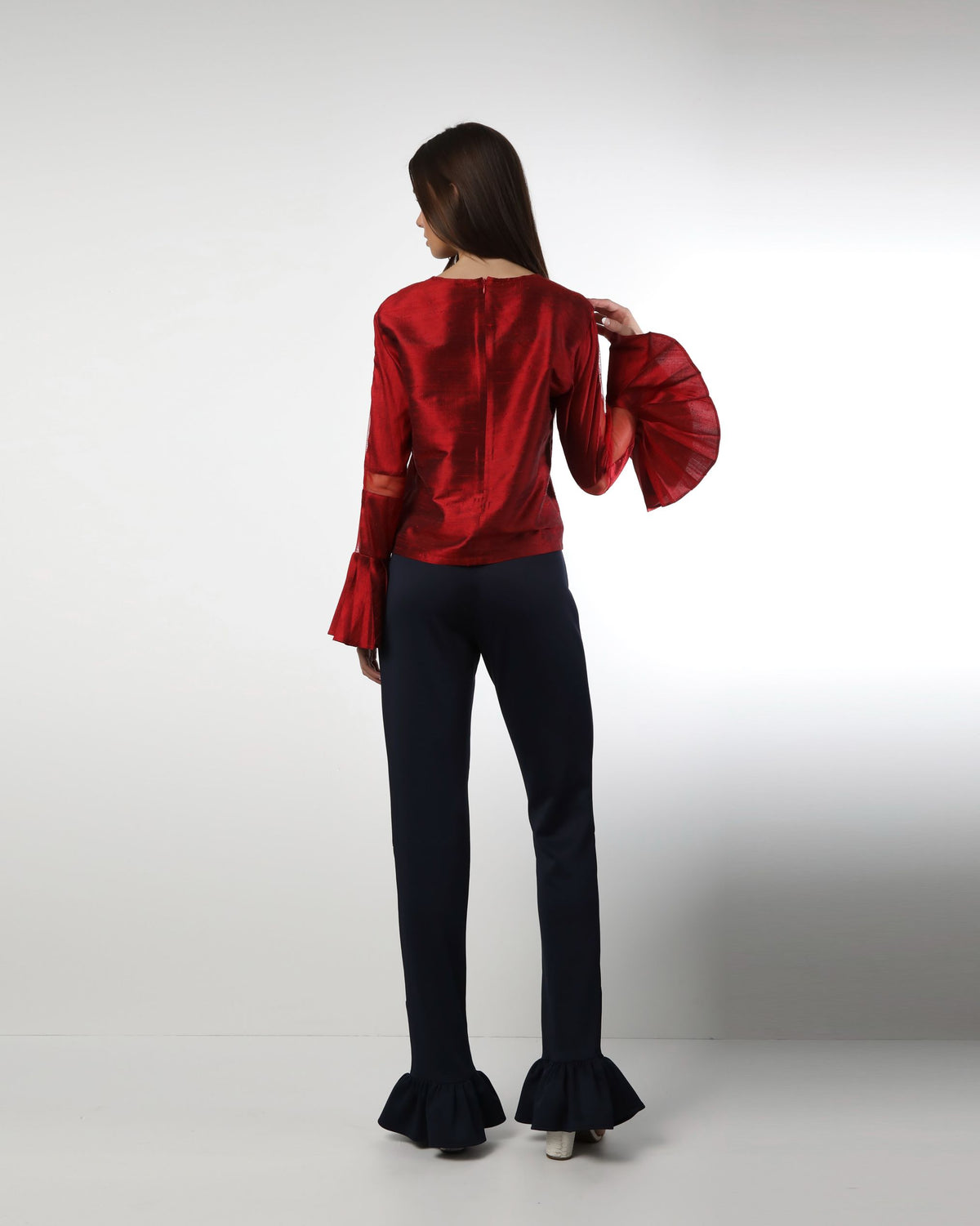 Style 1004 : Single Layered Ruffle Pants w/ Partial Sheer Front Legs- Polyester/Spandex Blend