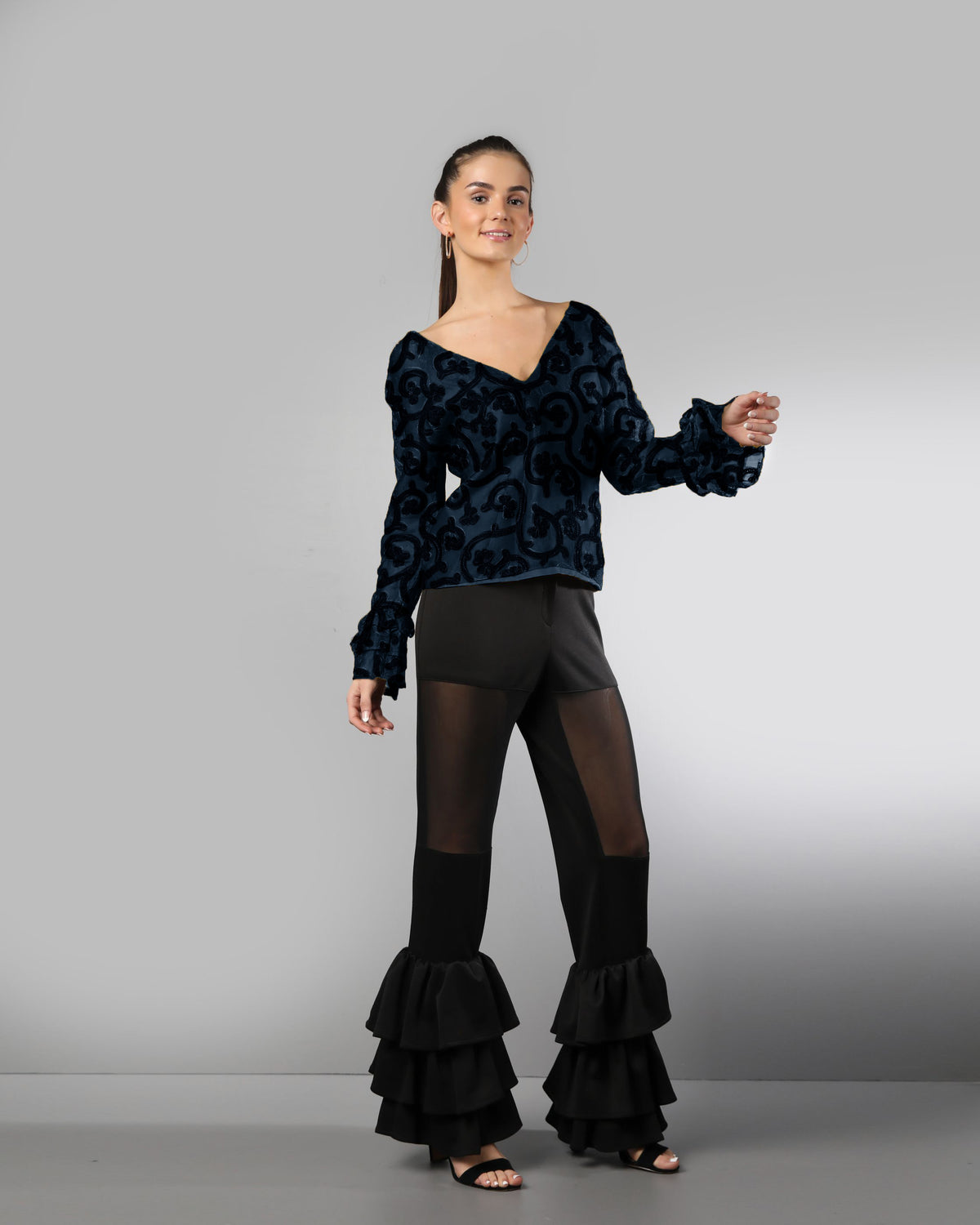 Style 0202 : Ruffled Partial Sheer Leg Pants