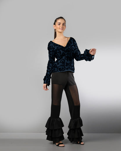 Style 0202 : Ruffled Partial Sheer Leg Pants