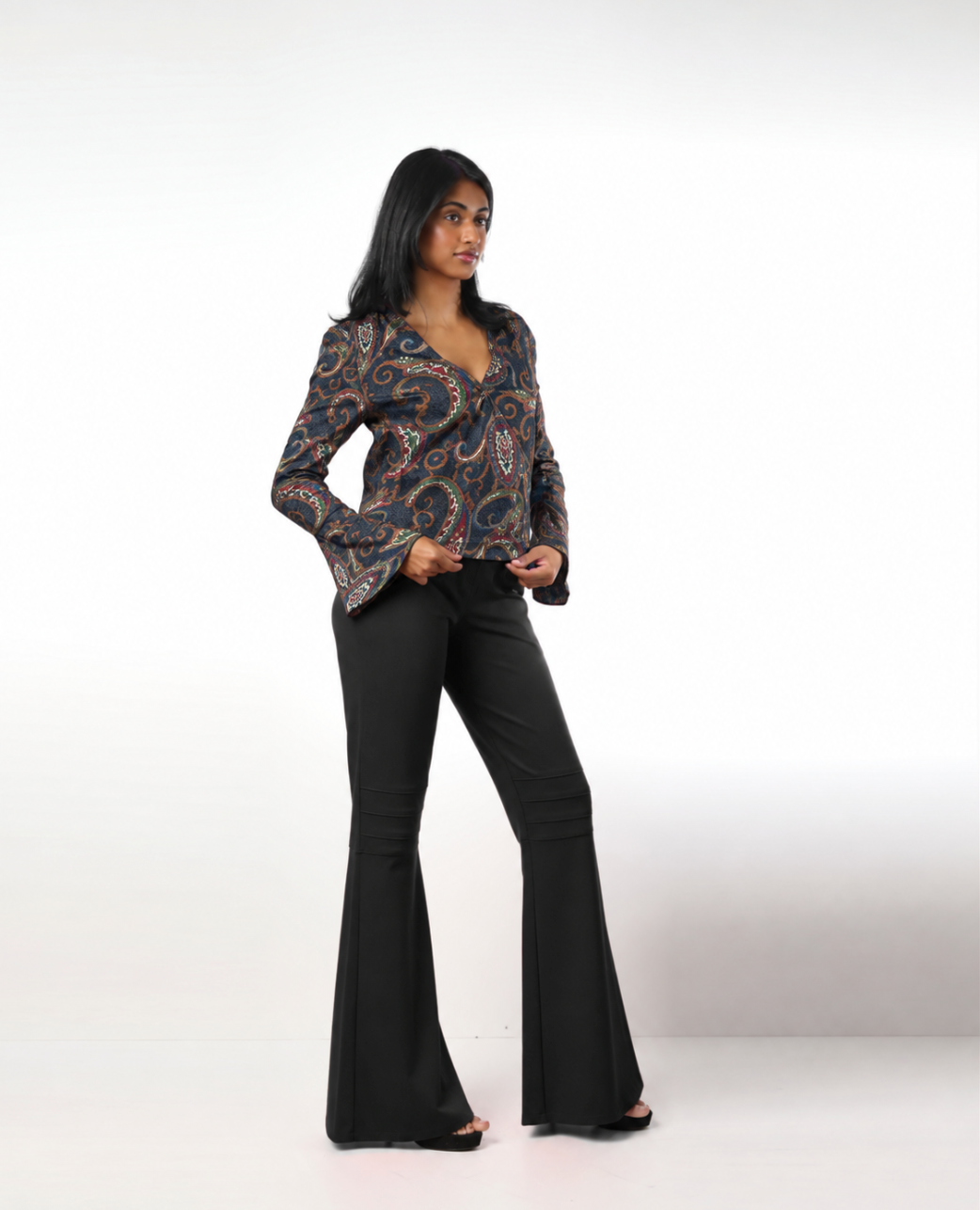 Style 305 : Lustrous  Silk/ Polyester Blend Blouse with Flare