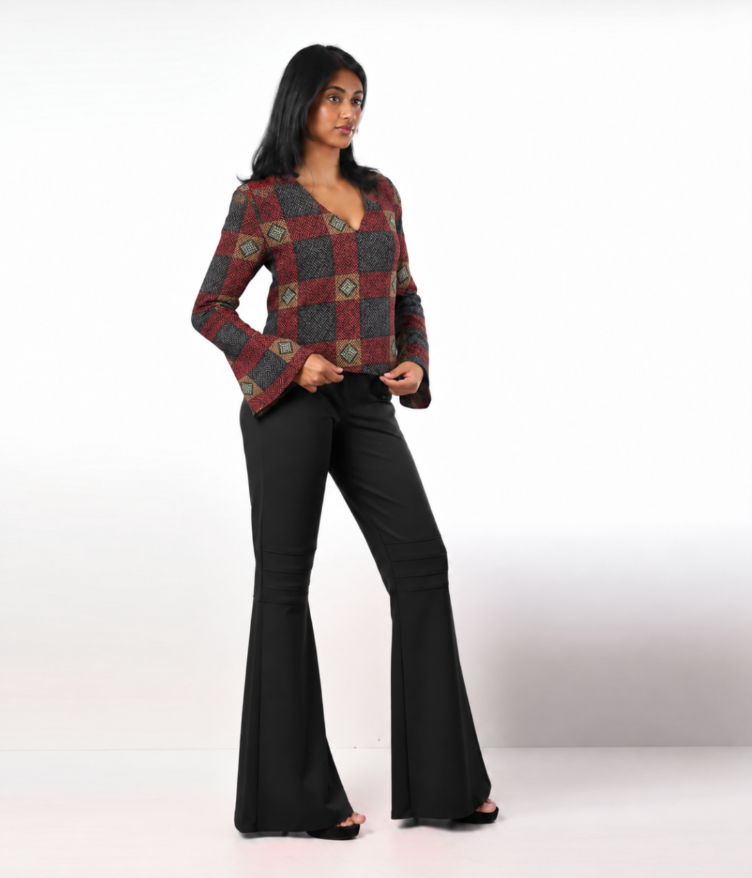 Style 305 : Lustrous  Silk/ Polyester Blend Blouse with Flare